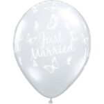 QUALATEX 11″ DIAMOND CLEAR JUST MARRIED BUTTERFLIESFLIES BALLOON