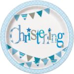 UNIQUE BLUE BUNTING CHRISTENING ROUND 9″ PLATES PK8