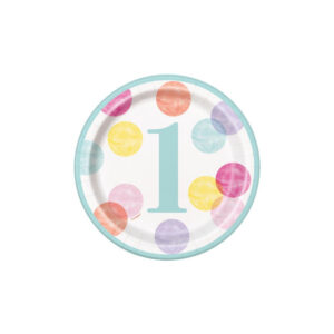 UNIQUE 7" PINK DOTS 1ST BIRTHDAY ROUND PLATES PK8