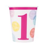 UNIQUE PINK DOTS 1ST BDAY 9OZ CUPS PK8