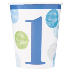 UNIQUE BLUE DOTS 1T BDAY 9OZ CUPS PK8
