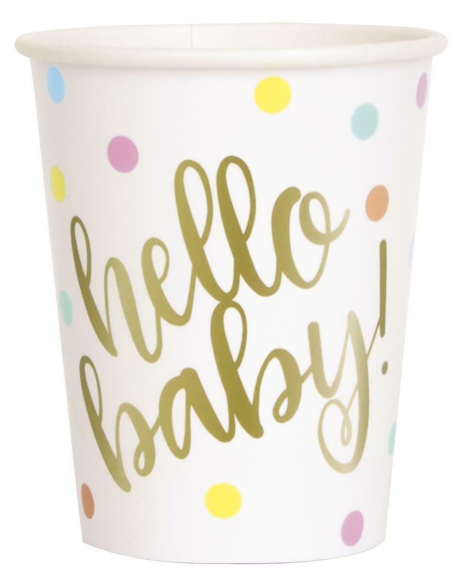 UNIQUE HELLO BABY GOLD BABY SHOWER 9OZ CUPS PK8