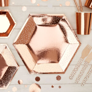 ROSE GOLD & WHITE DOTS MEDIUM PLATES PK8