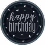UNIQUE GLITZ 9″ BLACK SILVER DOT BIRTHDAY PLATES PK8