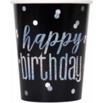 GLITZ BLACK SILVER DOT BIRTHDAY 9OZ CUPS PK8