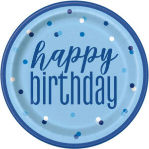 UNIQUE GLITZ 9" BLUE SILVER DOT BIRTHDAY  PLATES PK8