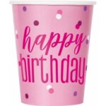 GLITZ PINK SILVER DOT BIRTHDAY 9OZ CUPS PK8
