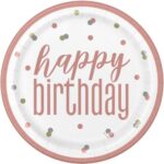 UNIQUE GLITZ 9″ ROSE GOLD BIRTHDAY ROUND PLATES PK8