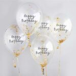 GOLD HAPPY BDAY CONFETTI BALLOONS PK5