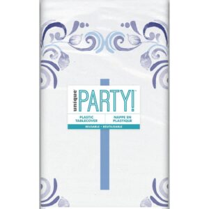 UNIQUE 54X84IN FANCY BLUE CROSS PLASTIC TABLECOVER