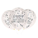 UNIQUE 12″ CLEAR BLACK CONFETTI HBD BALLOON