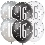 GLITZ 12″ BLACK AGE 16 ASSORTED BALLOONS PK6