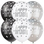 GLITZ 12″ BLACK HAPPY BIRTHDAY ASSORTED BALLOONS PK6