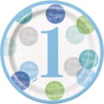 UNIQUE 7″ BLUE DOTS 1T BIRTHDAY ROUND PLATES PK8