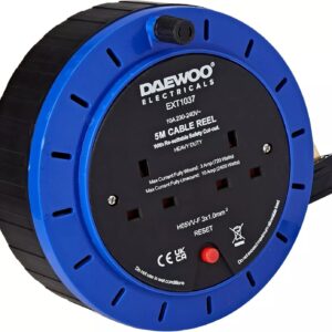 Daewoo Extension Reel, 2 Way Socket With 5 Metre Cable Heavy Duty With Reset