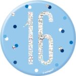 UNIQUE BDAY GLITZ BLUE 3IN BADGE-16TH