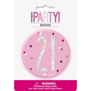 UNIQUE BDAY GLITZ PINK 3IN BADGE-21ST
