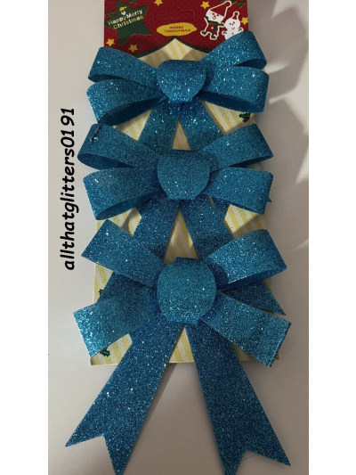 3PK TINSEL BOWS ON CARD BLUE