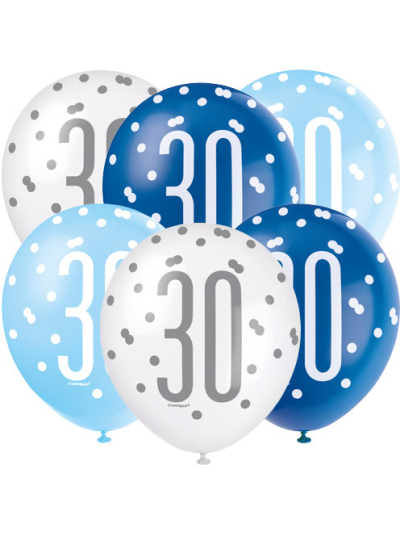 GLITZ 12" BLUE AGE 30 ASSORTED BALLOONS PK6