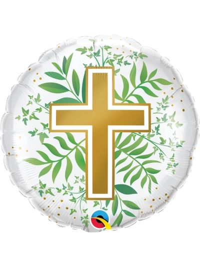 QUALATEX 18" GOLDEN CROSS & GREENERY FOIL BALLOON