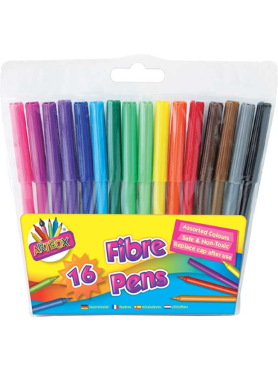 ART BOX 16 FINE TIP FIBRE COLOURING PENS