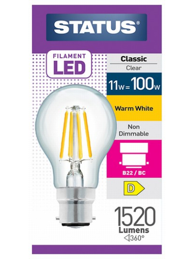 STATUS 11W=100W FILAMENT BULB WARM WHITE B22 BC
