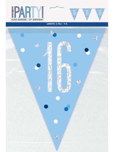 UNIQUE GLITZ BLUE HAPPY 16TH BIRTHDAY FLAG BANNER
