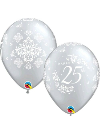 QUALATEX 11" SILVER 25TH ANNIVERSARY DAMASK BALLOONS PK25