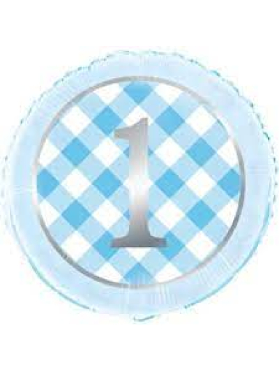 UNIQUE 18" BLUE GINGHAM 1ST BIRTHDAY FOIL BALLOON