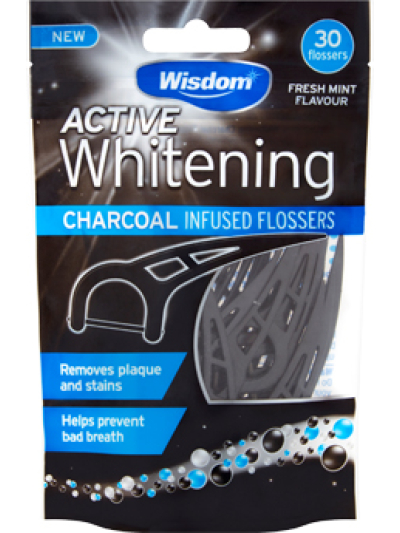 WISDOM ACTIVE WHITENING CHARCOAL FLOSS HARPS,30 FLOSSERS
