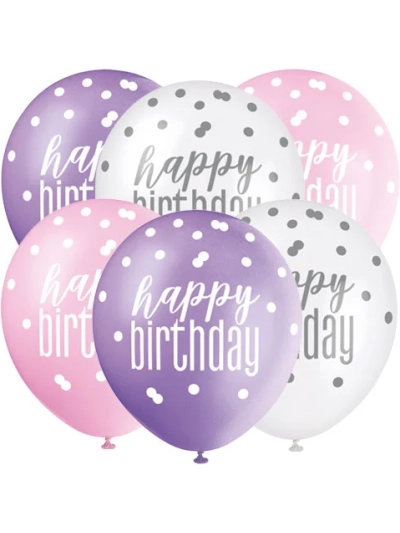 GLITZ 12" PINK HAPPY BIRTHDAY ASSORTED BALLOONS PK6