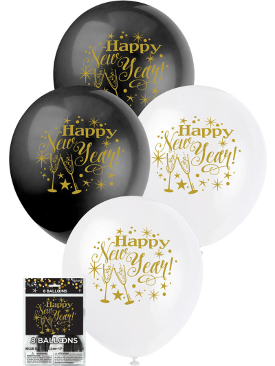 UNIQUE 12" GLITTERING "HAPPY NEW YEAR" 8 BALLOONS