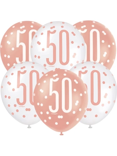 GLITZ 12" ROSE GOLD AGE 50 ASSORTED BALLOONS PK6