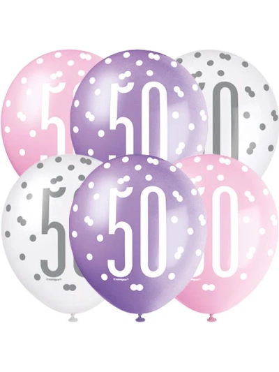 GLITZ 12" PINK AGE 50 ASSORTED BALLOONS PK6