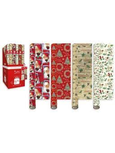 CHRISTMAS WRAP 5M PAPER ELEGANT TRAD (4 DESIGNS)