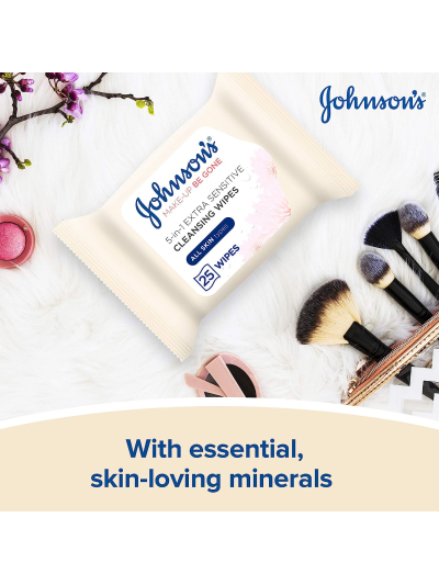 JOHNSON'S MAKE UP BE GONE 5-IN-ONE  EXTRA SENSITIVE CLEANSING WIPES, ALL SKIN TYPE - 25 WIPES
