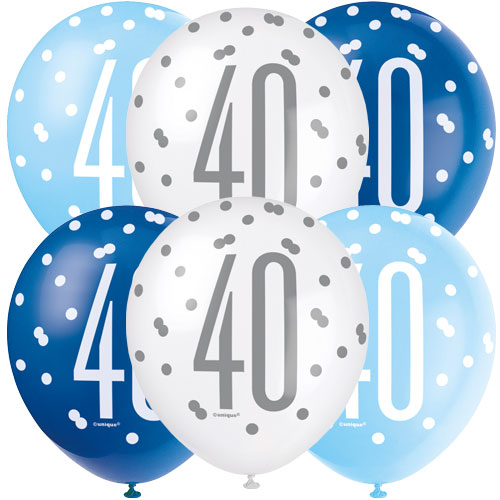 GLITZ 12" BLUE AGE 40 ASSORTED BALLOONS PK6