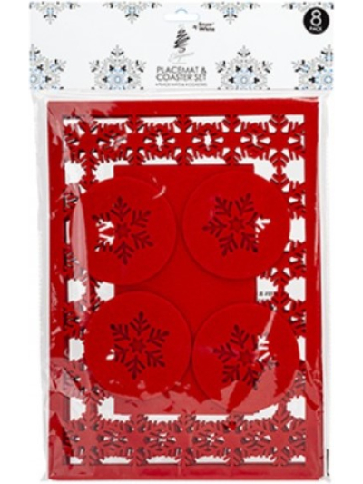 8PC POLY FELT RED XMAS PLACEMAT SET