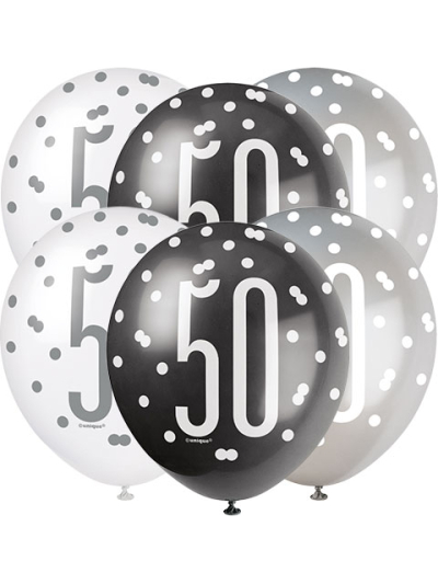 GLITZ 12" BLACK AGE 50 ASSORTED BALLOONS PK6