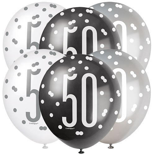 GLITZ 12" BLACK AGE 50 ASSORTED BALLOONS PK6