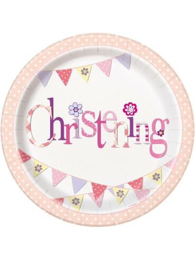 UNIQUE 9" PINK BUNTING CHRISTENING ROUND PLATES PK8