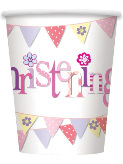 UNIQUE PINK BUNTING CHRISTENING 9OZ CUPS PK8