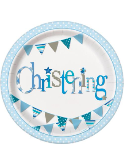 UNIQUE BLUE BUNTING CHRISTENING ROUND 9" PLATES PK8