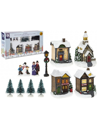 12 PIECE MINI VILLAGE LIGHT UP CHRISTMAS SCENE