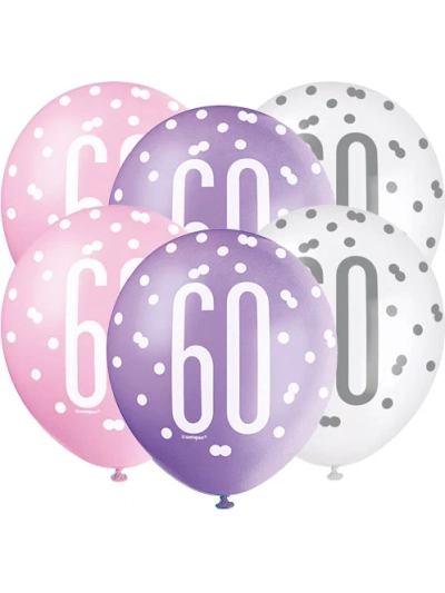 GLITZ 12" PINK AGE 60 ASSORTED BALLOONS PK6