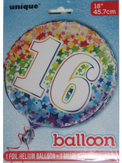 UNIQUE 18″ RAINBOW FOIL NUMBER 16 BALLOON