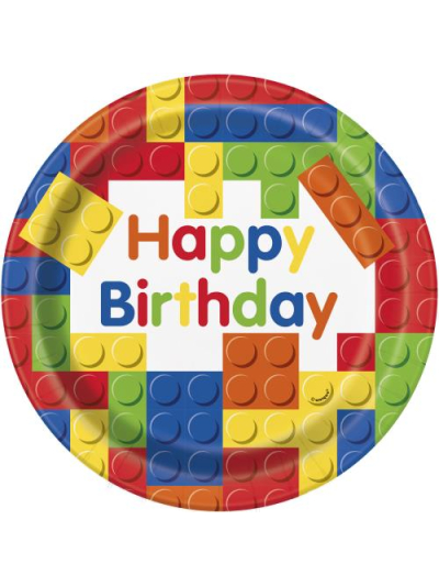 UNIQUE 9" BUILDING BLOCKS BIRTHDAY ROUND PLATES PK8
