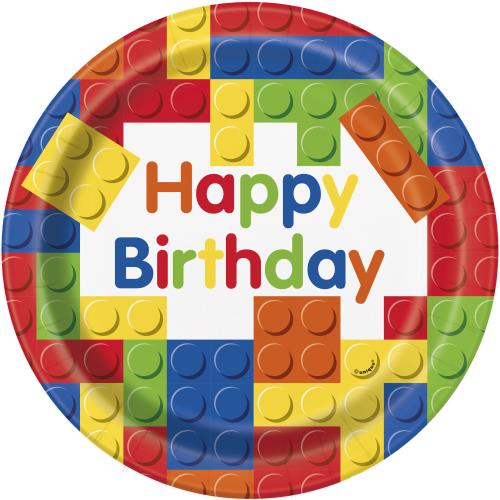 UNIQUE 9" BUILDING BLOCKS BIRTHDAY ROUND PLATES PK8