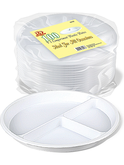 DD 9" 3 COMP PLASTIC PLATES 100PC
