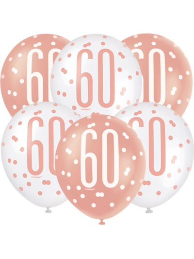 GLITZ 12" ROSE GOLD AGE 60 ASSORTED BALLOONS PK6